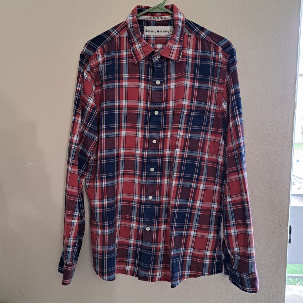 The Normal Brand Flannel Shirt Button Up Mens XL Red Blue Plaid 100% Cotton